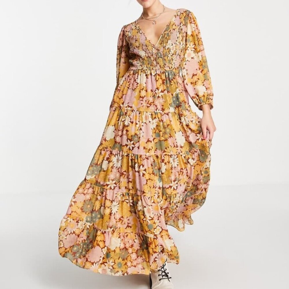 ASOS DESIGN shirred wrap tiered skirt maxi dress in mustard floral print US 12
